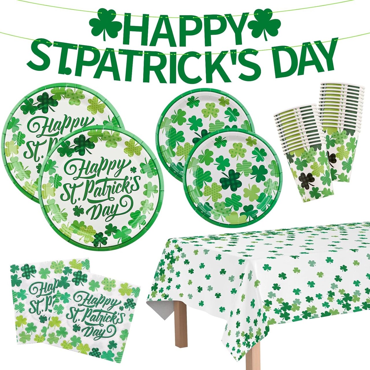 St. Patrick’s Party Supplies: 24-Piece Disposable Party Set – Plates, Napkins, Cups, Tablecloth & Garland for Shamrock St. Patrick’s Day Celebrations